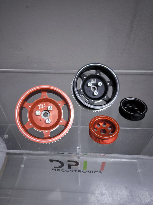 KIT PULEGGE (OVER 400 CV)  IN ALLUMINIO ERGAL ANOTIZZATE ALBERO MOTORE  ALTERNATORE E INGRANAGGIO DISTRIBUZIONE IN ACCIAIO CON SPINETTE IN ACCIAIO PER 500 ABARTH 1.4 TJET T-JET 500 595 695 GRANDE PUNTO MITO
