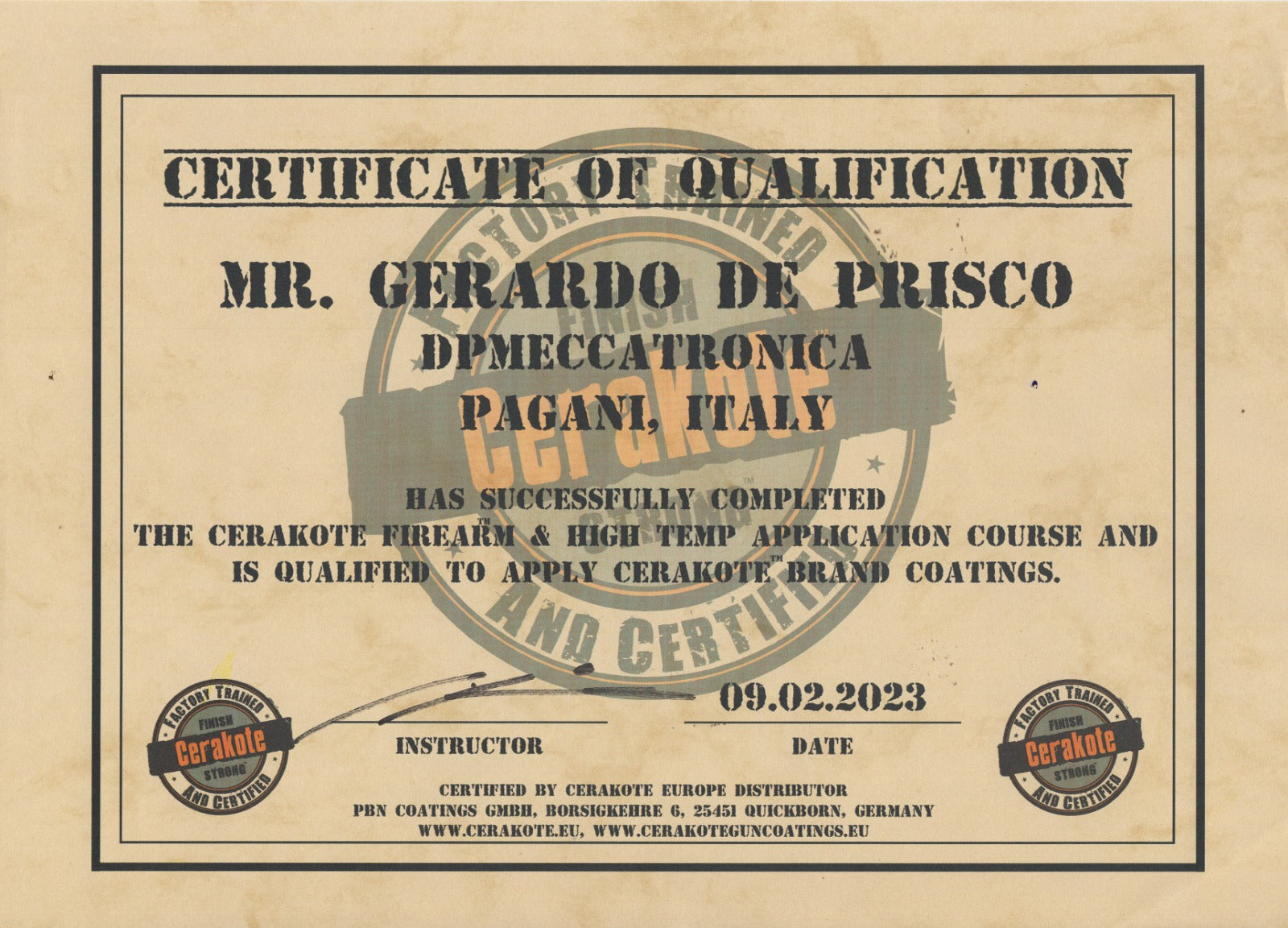 Certificato Qualifica Ceramicatura Cerakote